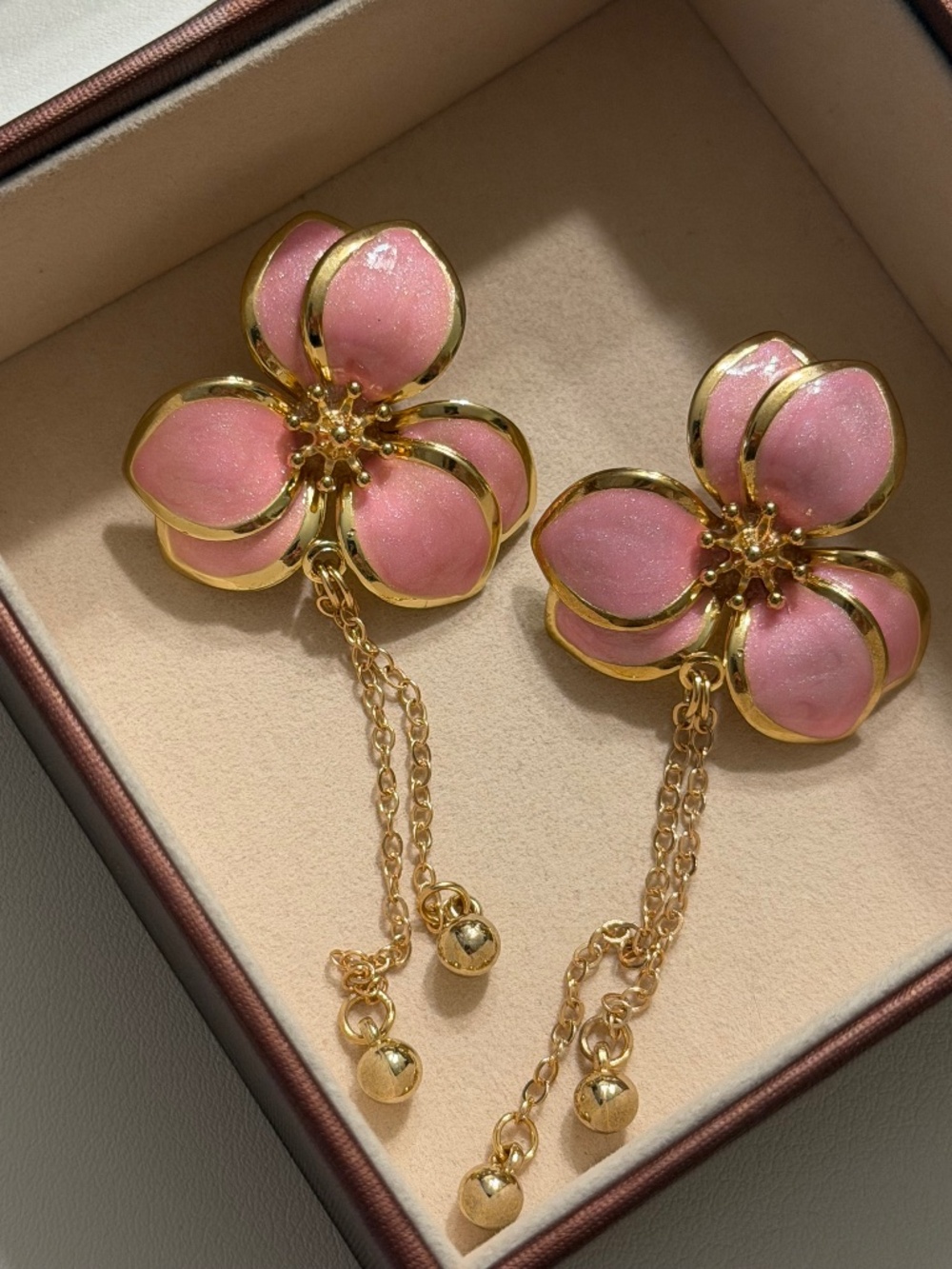 Vintage Elegant Golden Rose Pink Flower Enamel Tassels Statement Earrings.